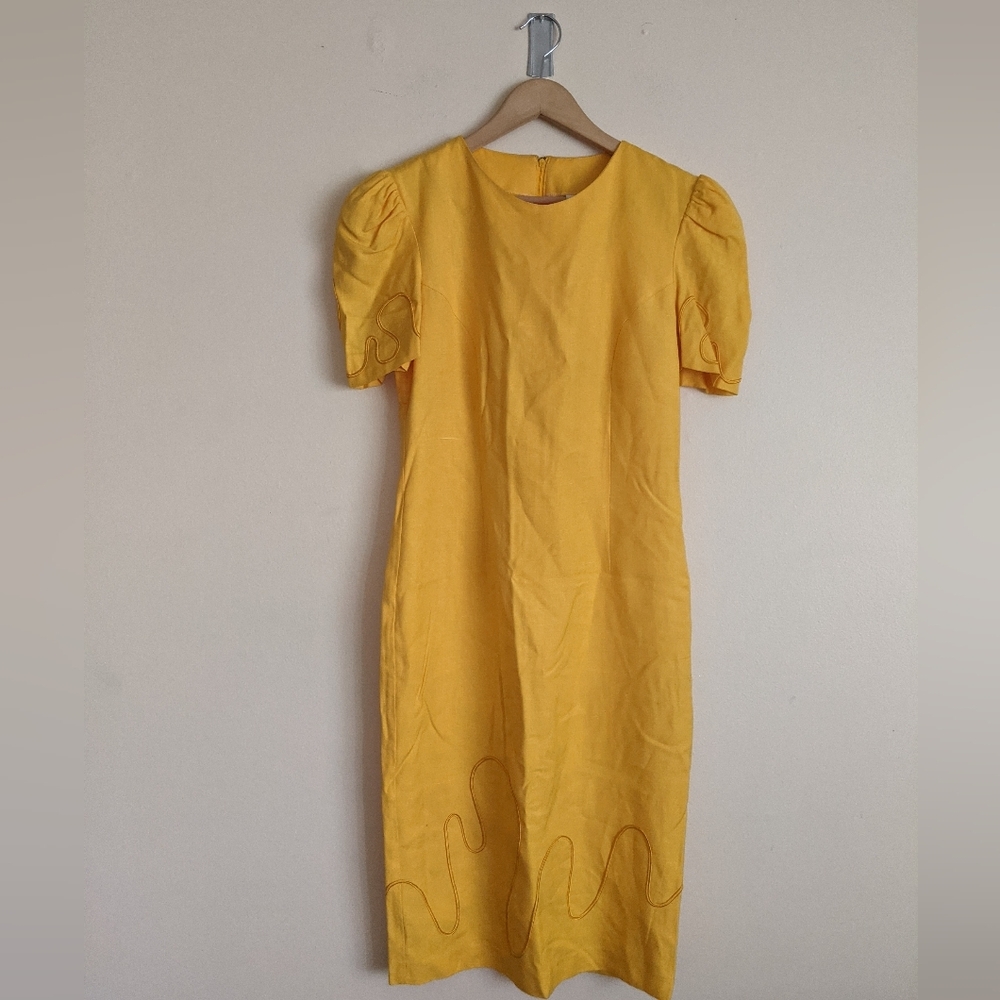 Criss Cross Australia Yellow Linen Puff Sleeve Midi Dress – Size 10